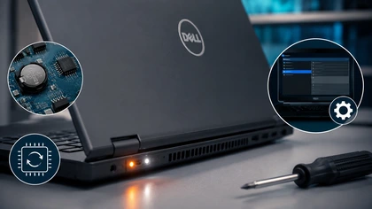 Notebook Dell com LED piscando em laranja e branco sobre a bancada da MS Notebook