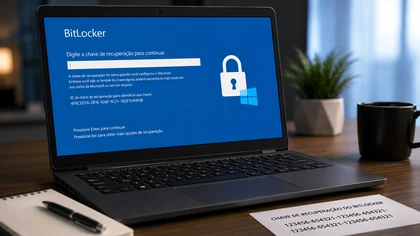 Notebook exibindo a tela de recuperação do BitLocker na bancada da MS Notebook