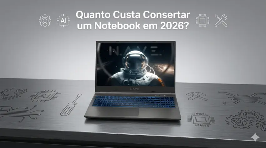 Bancada de conserto de notebook com orçamento sendo avaliado na MS Notebook